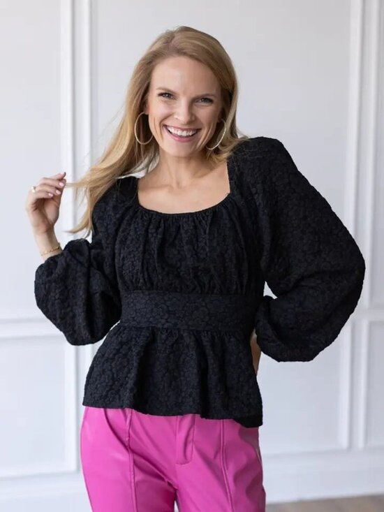 Southern Grace Tops - Midnight Romance Jacquard Peasant Blouse - Grace+Emma